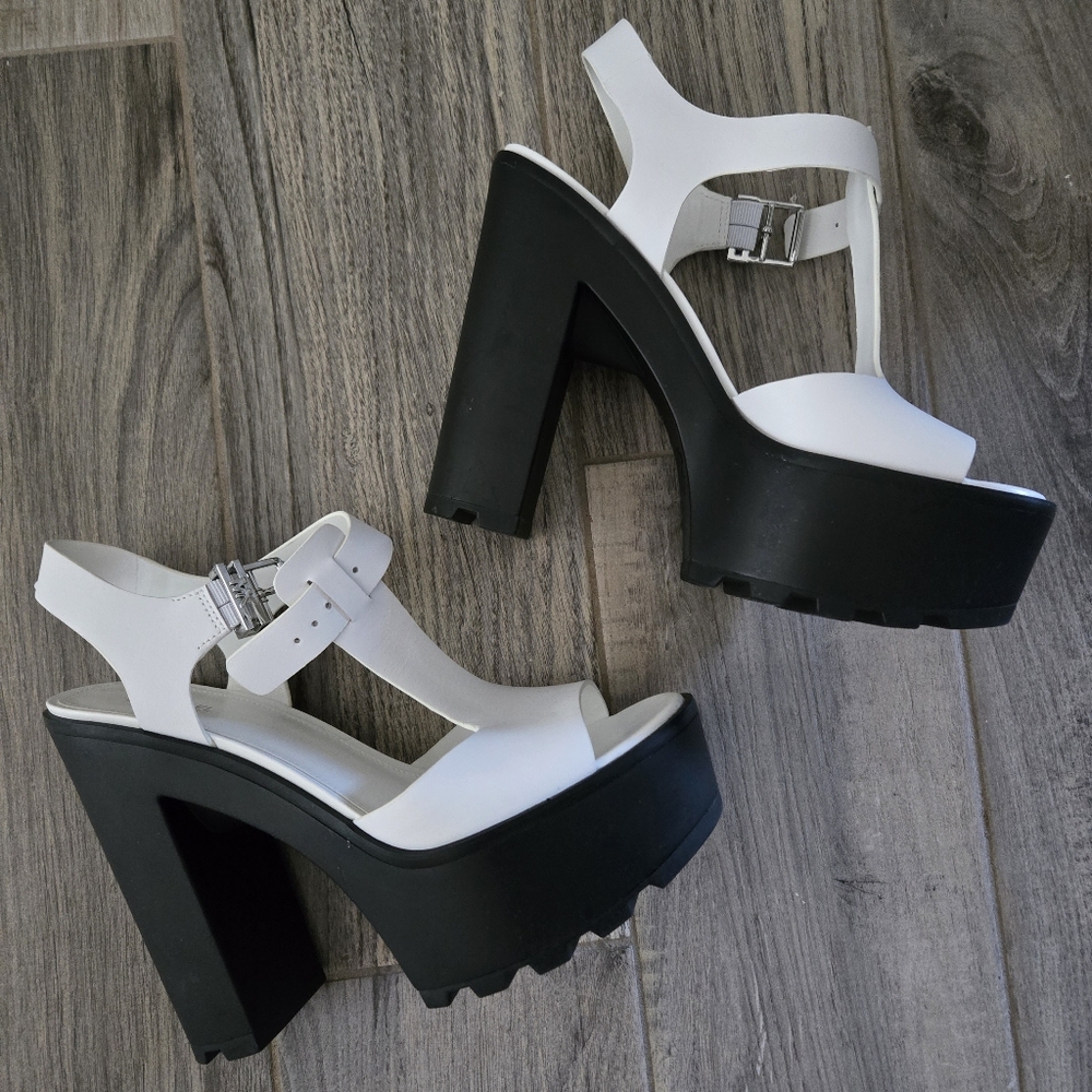 White and Black Platform Heels - Women's Strappy Sandals